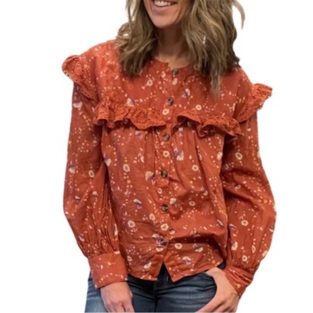 Free People Lace Romantic‎ Bohemian 3/4 Sleeve Floral Prairie Blouse size XS